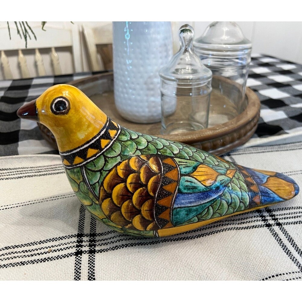 Hand Painted Ceramic Folk Art Bird Figurine 12” Colorful Decorative Pottery